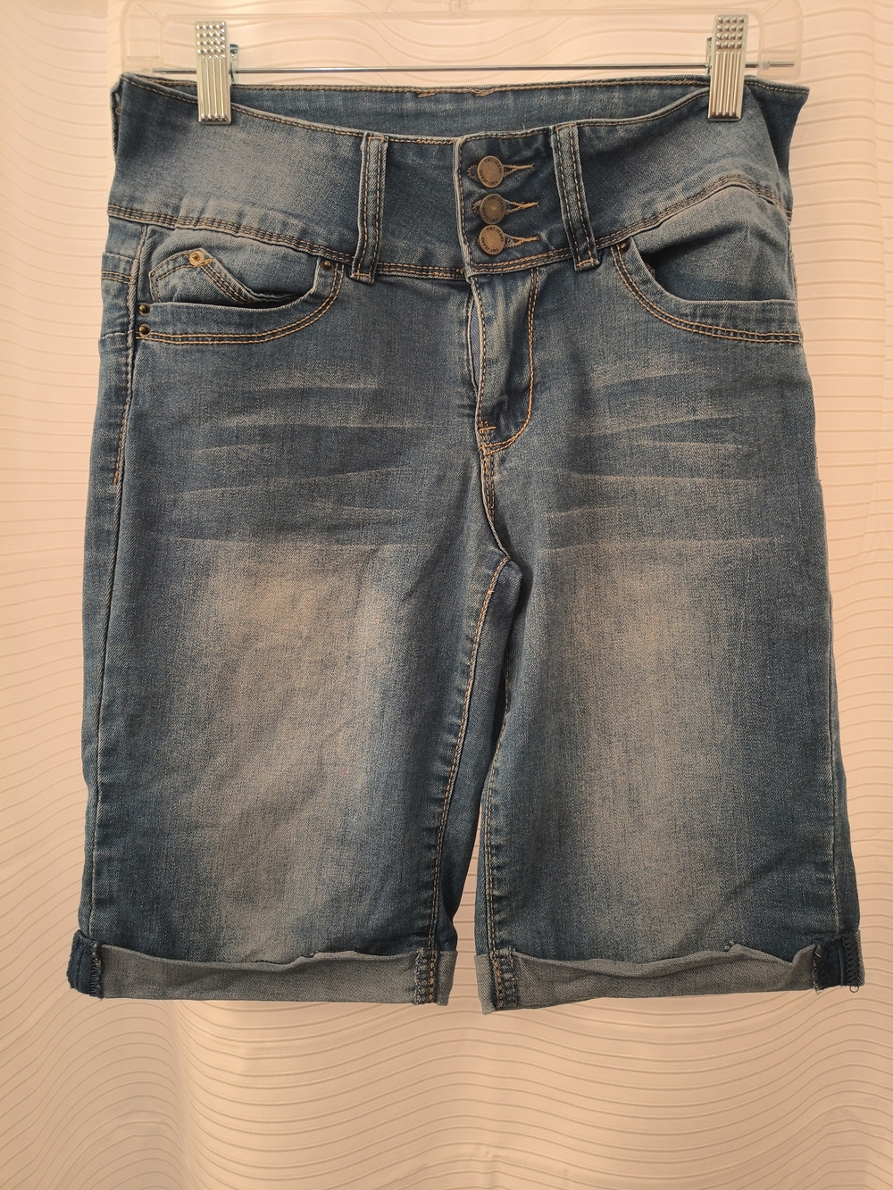 YMI Blue Washed Denim Bermuda Shorts with Triple-Button Waist